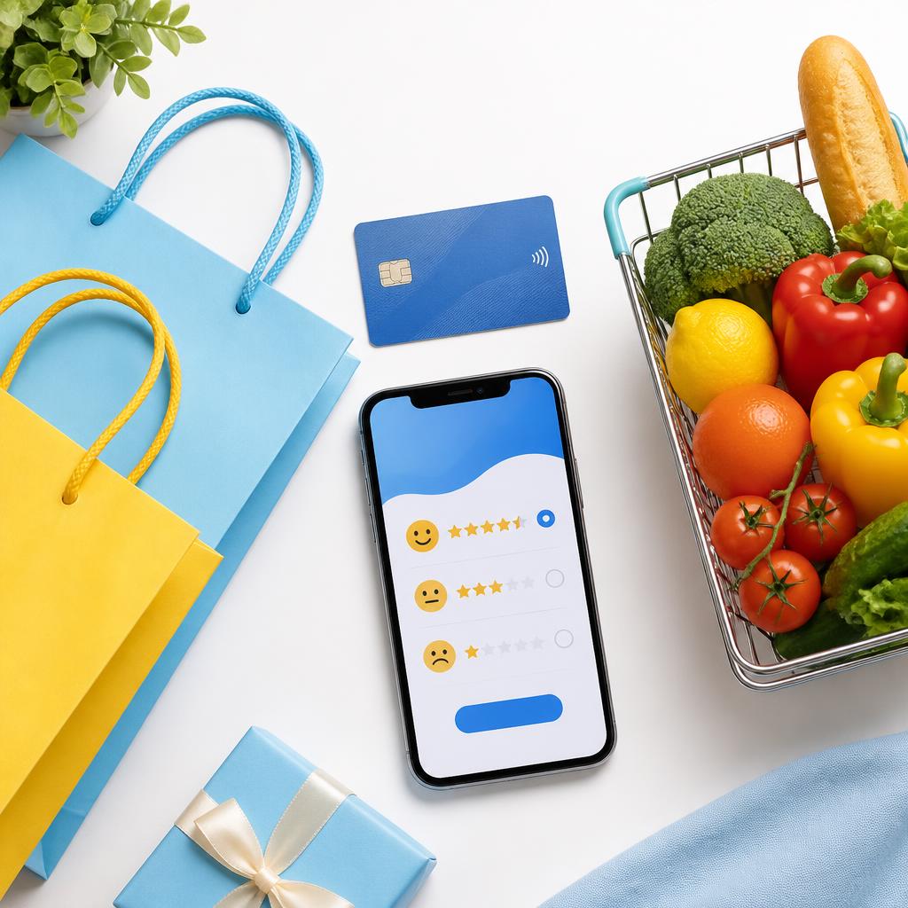 Shopping bags, credit card, groceries, and smartphone showing a Walmart-style reward offer